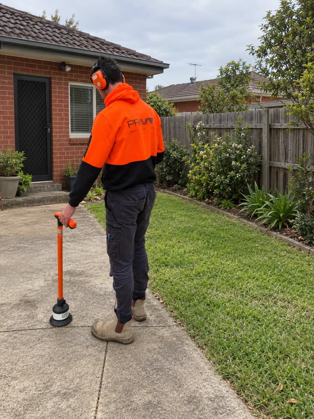 Prava technician using an acoustic listening rod along a backyard path