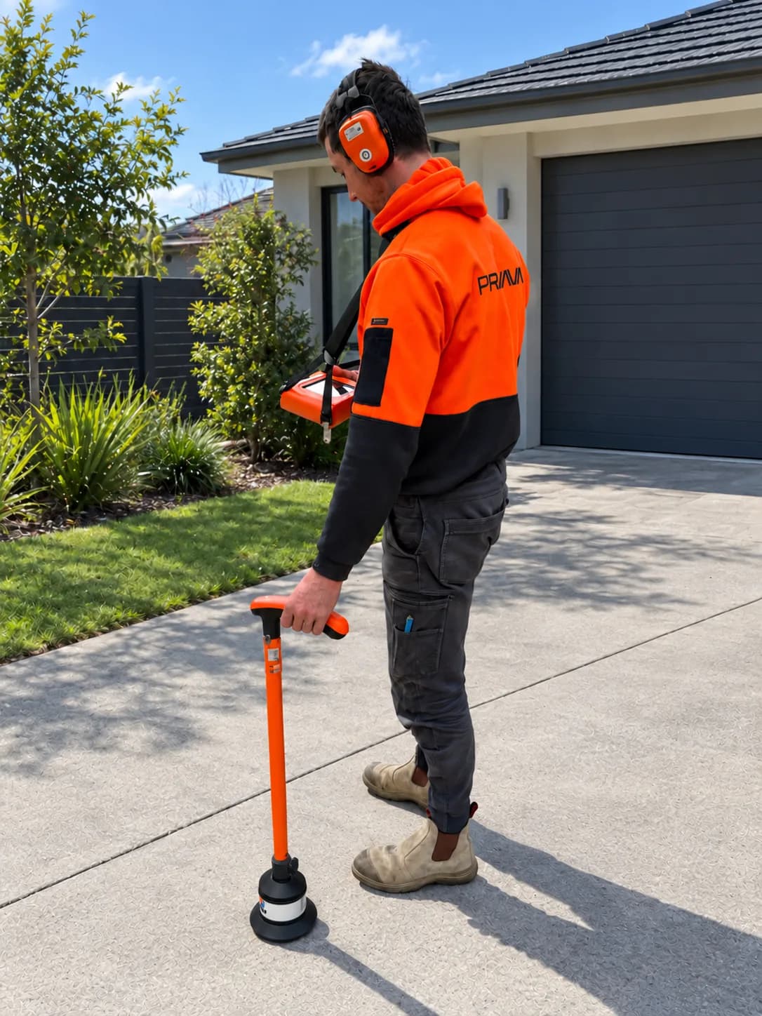 Prava technician using an acoustic listening rod on a driveway outside a home