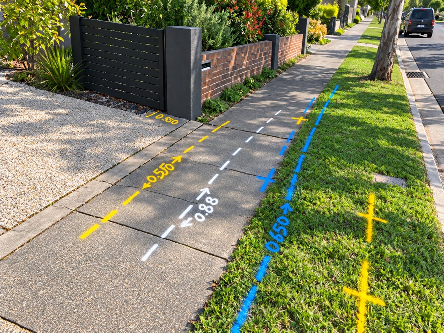 Underground service locate markout along a footpath